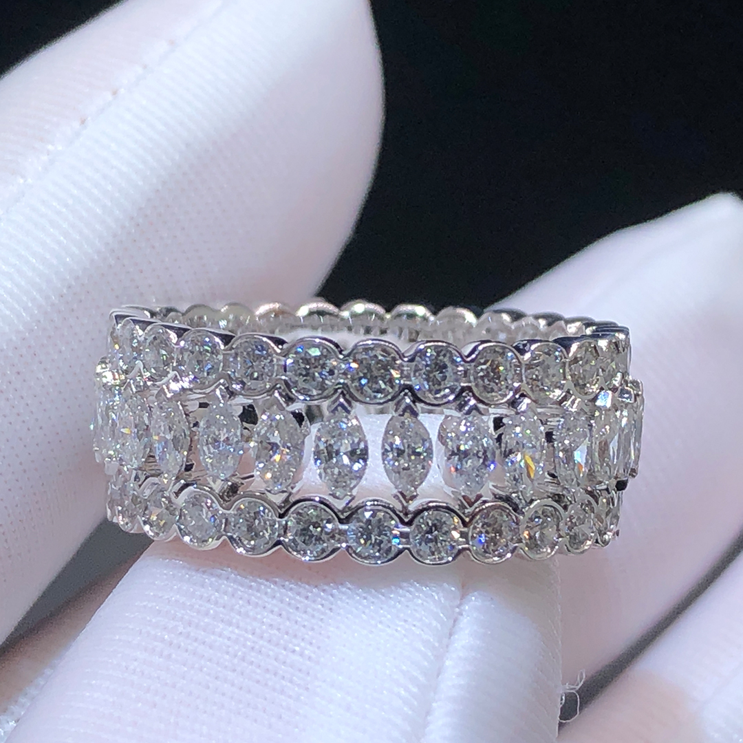 Cartier 18k White Gold Round & Marquise-cut Diamonds Broderie de Cartier Triple Row Ring N4790452