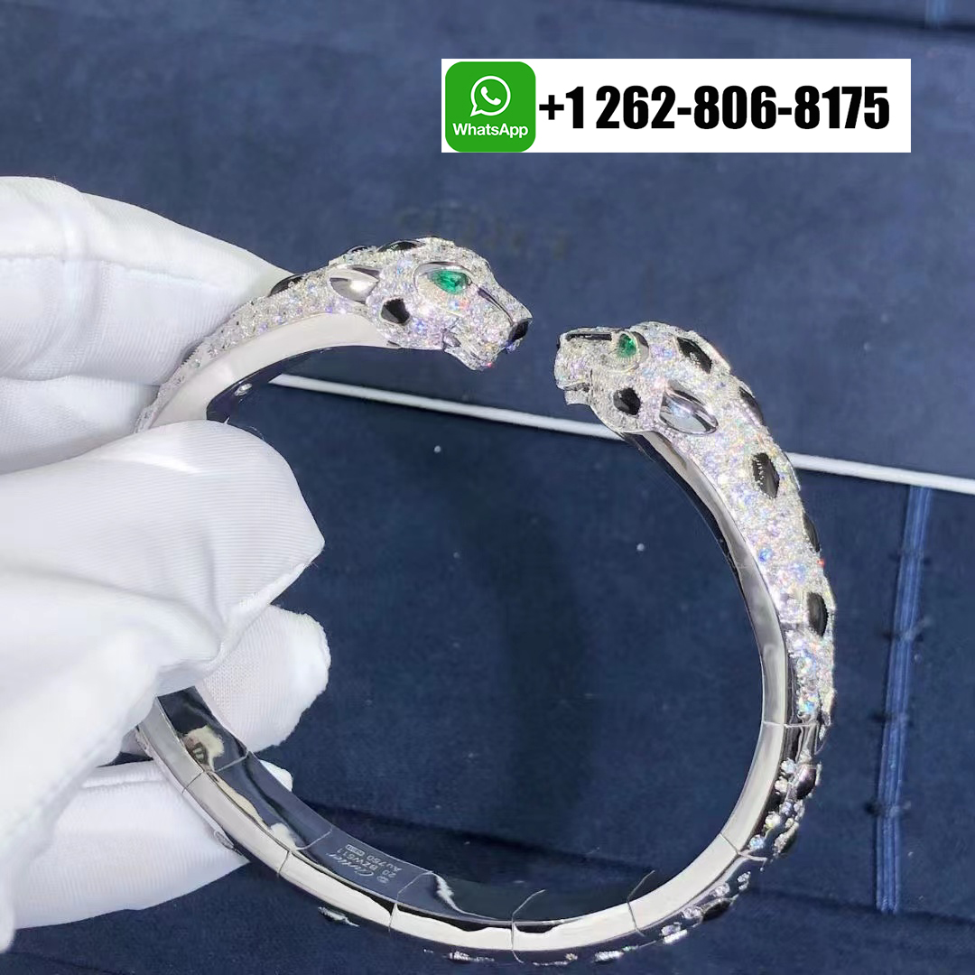 Cartier 18K White Gold Double Panther Heads Pave Diamonds Onyx Panthère de Cartier Bracelet N6721017