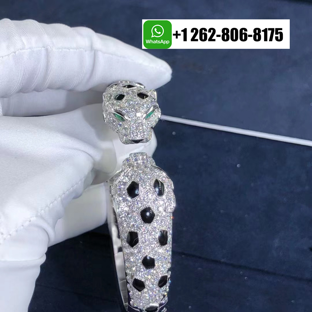 Cartier 18K White Gold Double Panther Heads Pave Diamonds Onyx Panthère de Cartier Bracelet N6721017