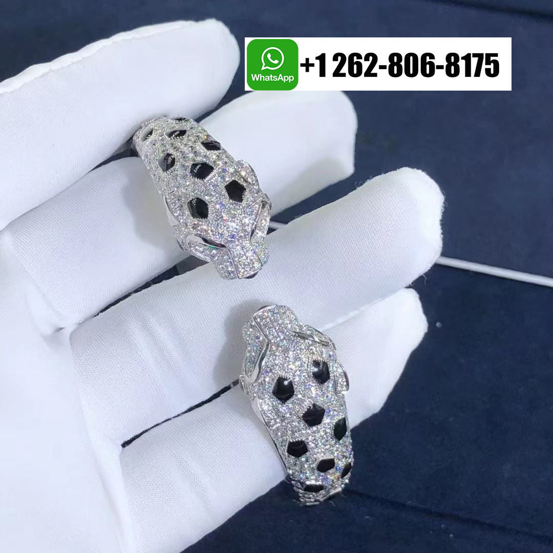 Cartier 18K White Gold Double Panther Heads Pave Diamonds Onyx Panthère de Cartier Bracelet N6721017