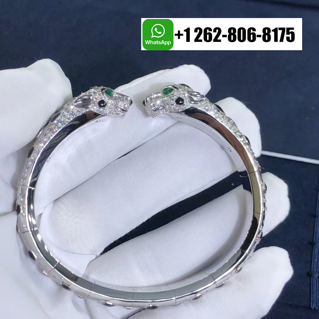Cartier 18K White Gold Double Panther Heads Pave Diamonds Onyx Panthère de Cartier Bracelet N6721017