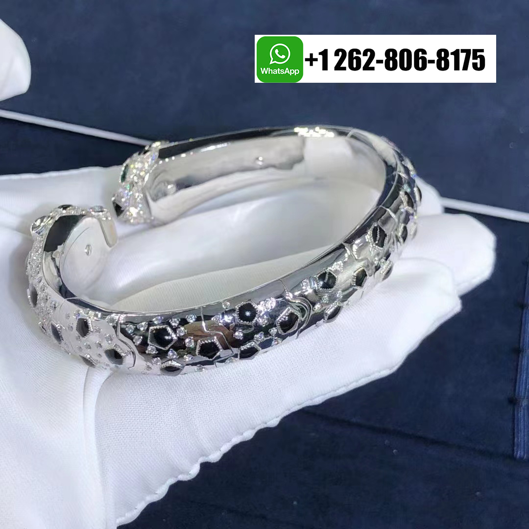 Cartier 18K White Gold Double Panther Heads Pave Diamonds Onyx Panthère de Cartier Bracelet N6721017