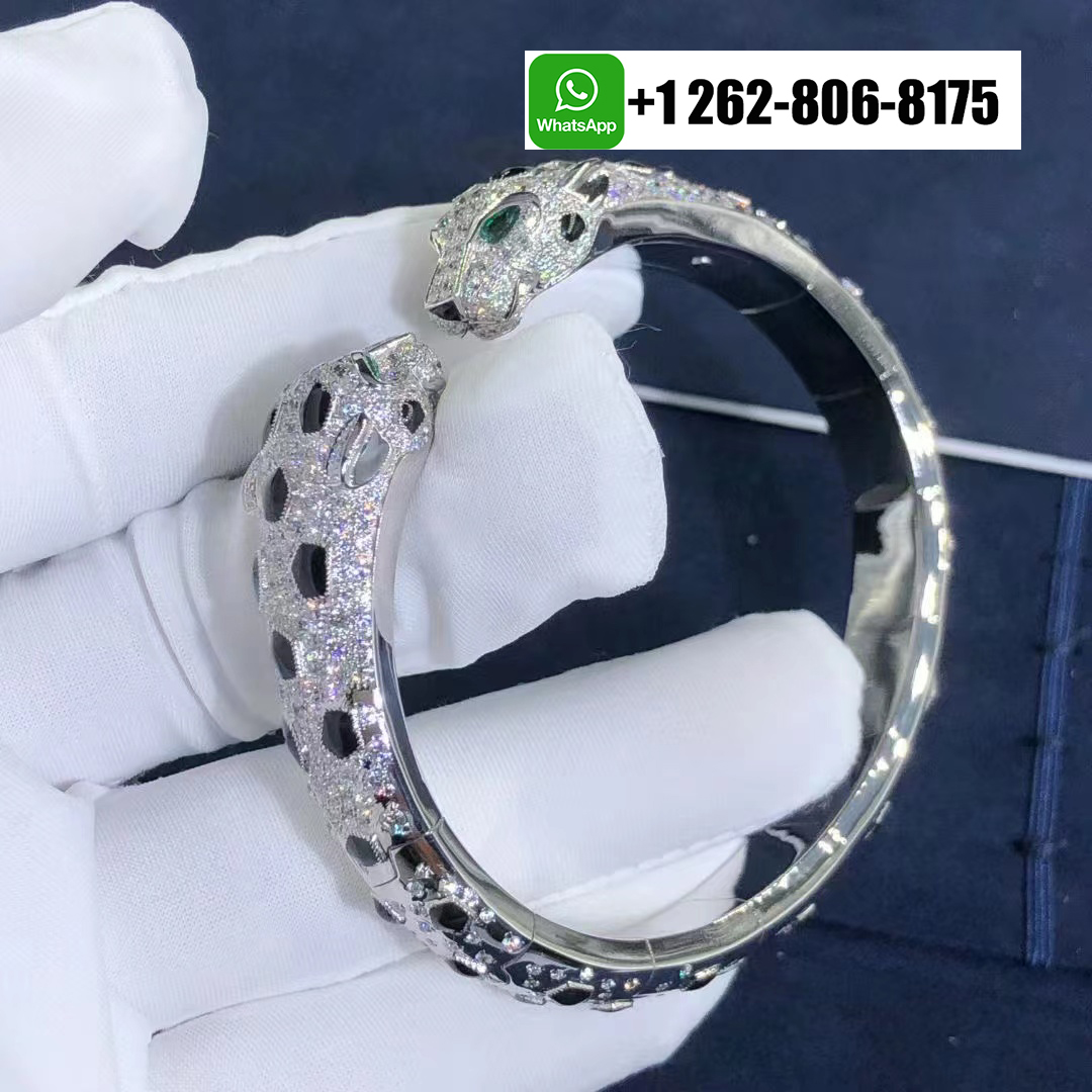 Cartier 18K White Gold Double Panther Heads Pave Diamonds Onyx Panthère de Cartier Bracelet N6721017