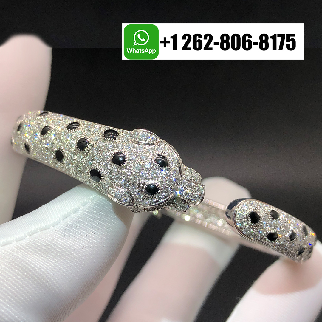 Cartier 18k White Gold Full Pave Diamond Emeralds Onyx Panthere De Cartier Bracelet N6722417