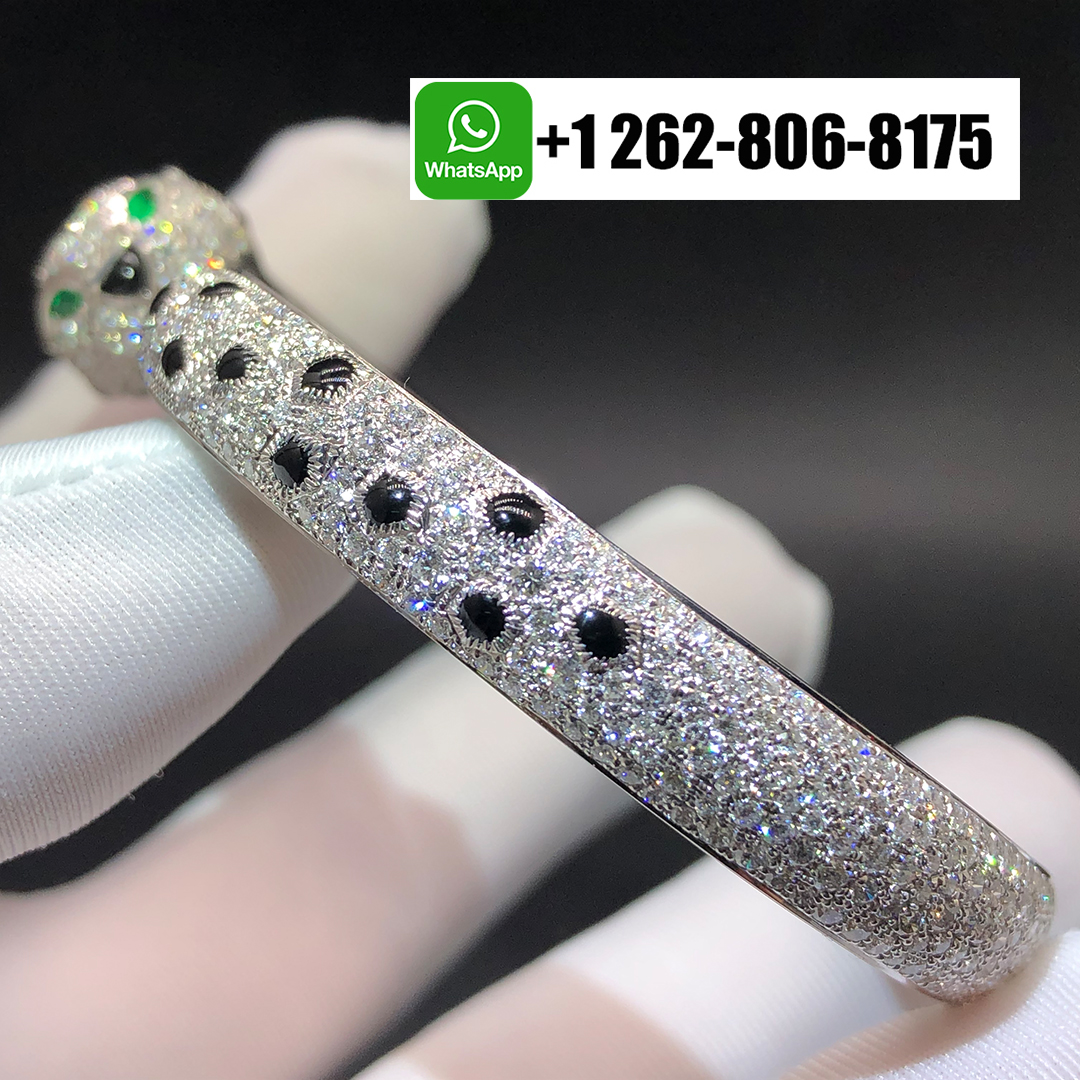 Cartier 18k White Gold Full Pave Diamond Emeralds Onyx Panthere De Cartier Bracelet N6722417