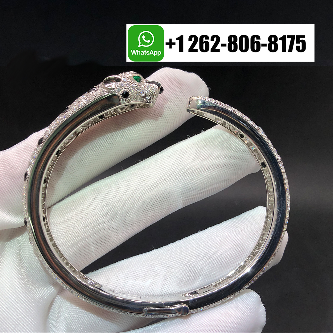 Cartier 18k White Gold Full Pave Diamond Emeralds Onyx Panthere De Cartier Bracelet N6722417