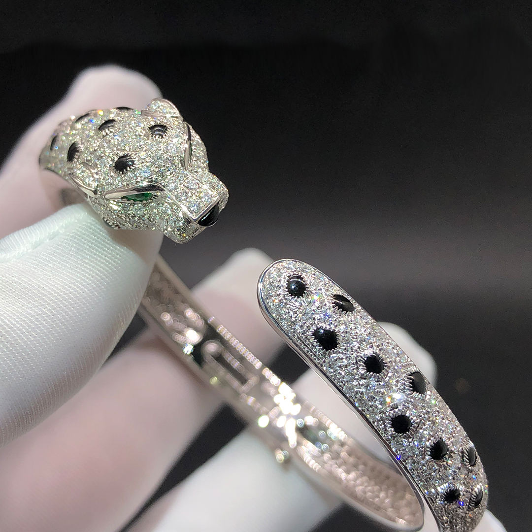 Cartier 18k White Gold Full Pave Diamond Emeralds Onyx Panthere De Cartier Bracelet N6722417