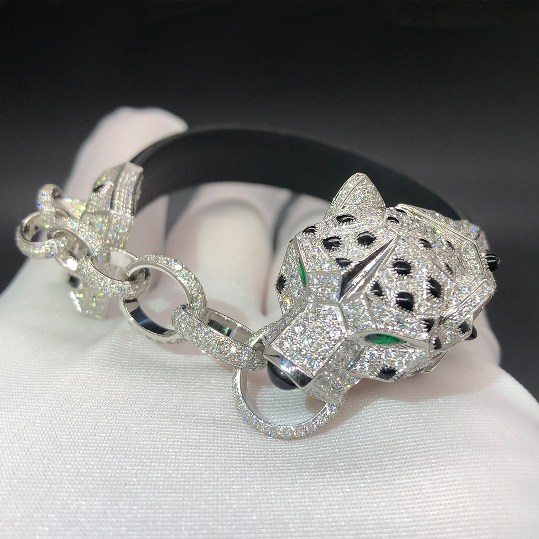 Cartier 18k White Gold Pave Diamonds Panthere de Cartier Onyx Black Silk Band Bracelet