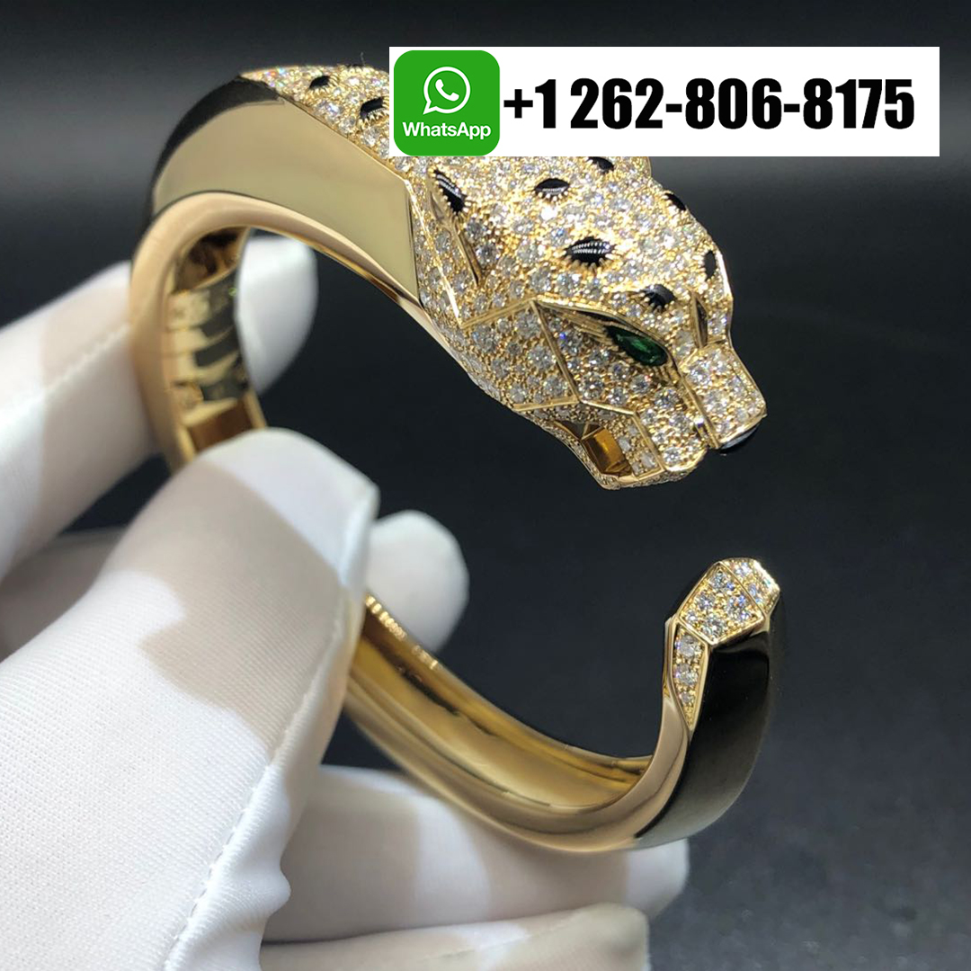 Cartier 18k Yellow Gold Diamonds Emeralds Onyx Panthere de Cartier Bracelet N6035317