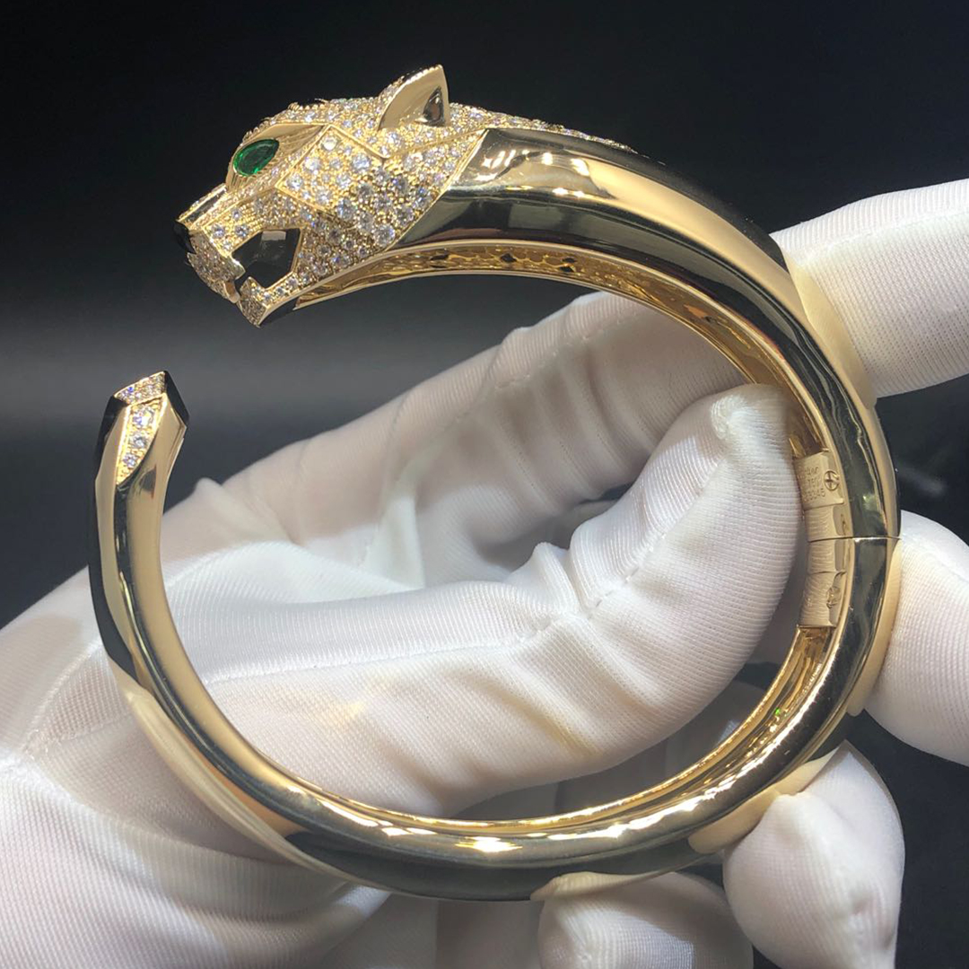 Cartier 18k Yellow Gold Diamonds Emeralds Onyx Panthere de Cartier Bracelet N6035317