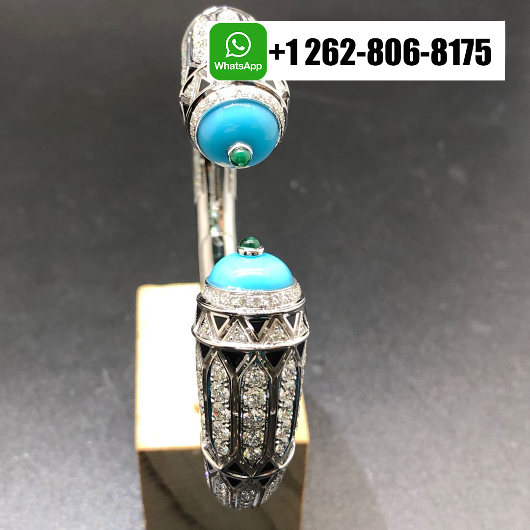Cartier Art-Deco Inspired High Jewellery 18K White Gold Pave Diamond Turquoise Enamel Black Lacquer Bracelet H6025517