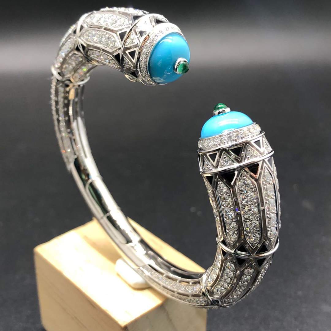 Cartier Art-Deco Inspired High Jewellery 18K White Gold Pave Diamond Turquoise Enamel Black Lacquer Bracelet H6025517