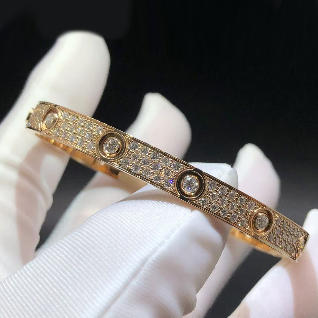 Cartier Classic Model Full Diamond Paved 10 Diamonds LOVE Bracelet 18k Rose Gold