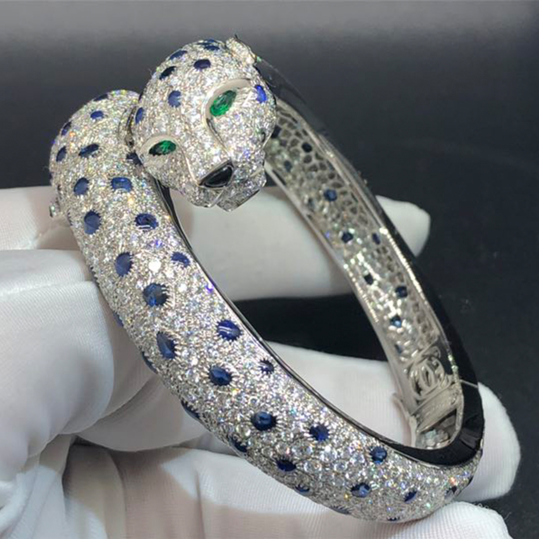 Cartier Double Panther Pave Diamonds Sapphires Panthere de Cartier Platinum Bracelet