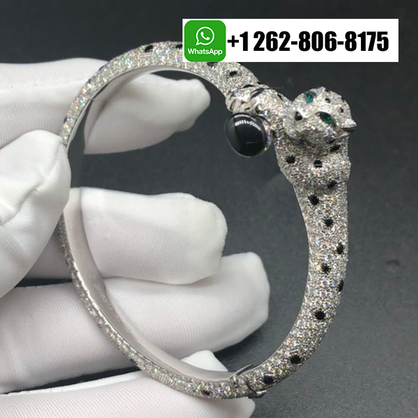 Cartier Full Pave Diamond Onyx Emeralds Panthere de Cartier 18k White Gold Bracelet H6001517