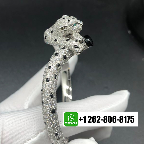 Cartier Full Pave Diamond Onyx Emeralds Panthere de Cartier 18k White Gold Bracelet H6001517