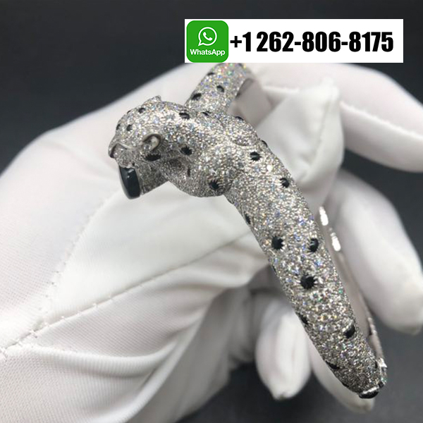 Cartier Full Pave Diamond Onyx Emeralds Panthere de Cartier 18k White Gold Bracelet H6001517