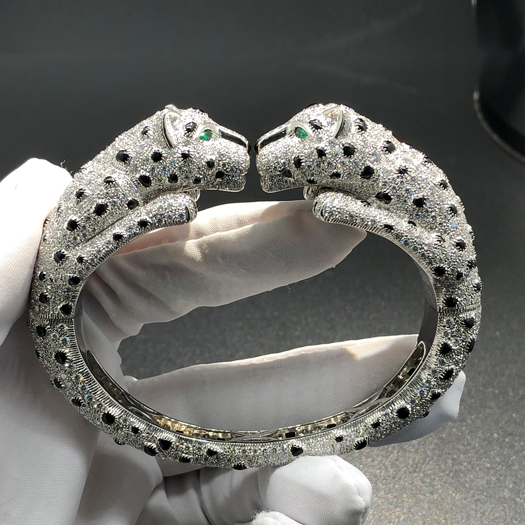 Cartier Full Pave Diamonds Onyx Panthere de Cartier Double Panther Platinum Bracelet