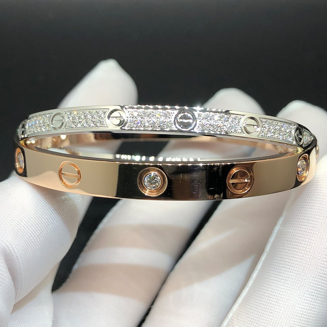 Cartier Love Paved Diamond Double 18k Two Tone Gold Bangle Bracelet