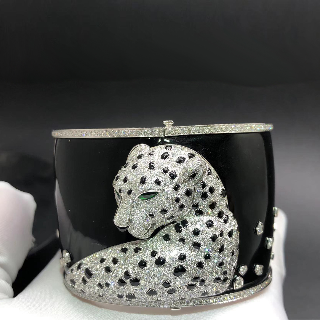 Cartier Panthere de Cartier 18k White Gold Pave Diamonds Emeralds Onyx High Jewelry Wide Bracelet