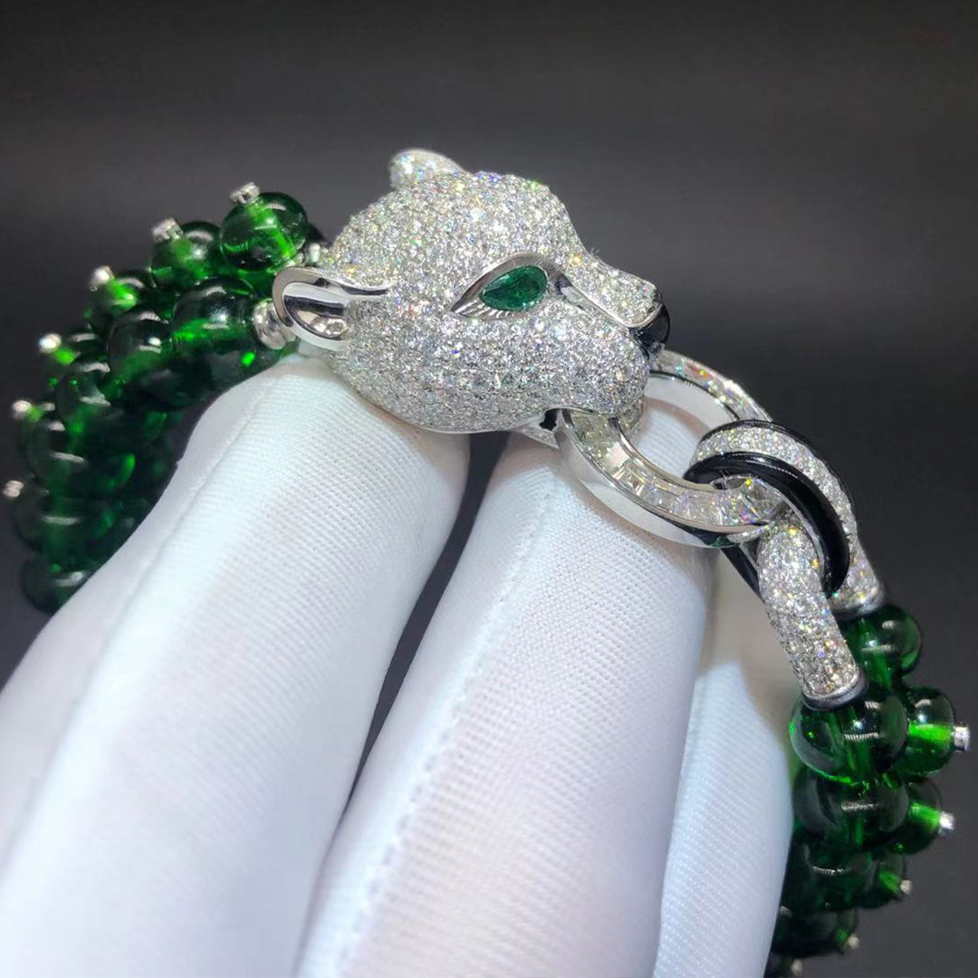 Cartier Panthere de Cartier High Jewelry Platinum Emerald Beads Pave Diamond Bracelet H6011416