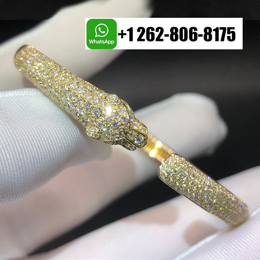 Cartier Pave Diamond Small Panthère de Cartier 18k Yellow Gold Cuff Bracelet N6718117