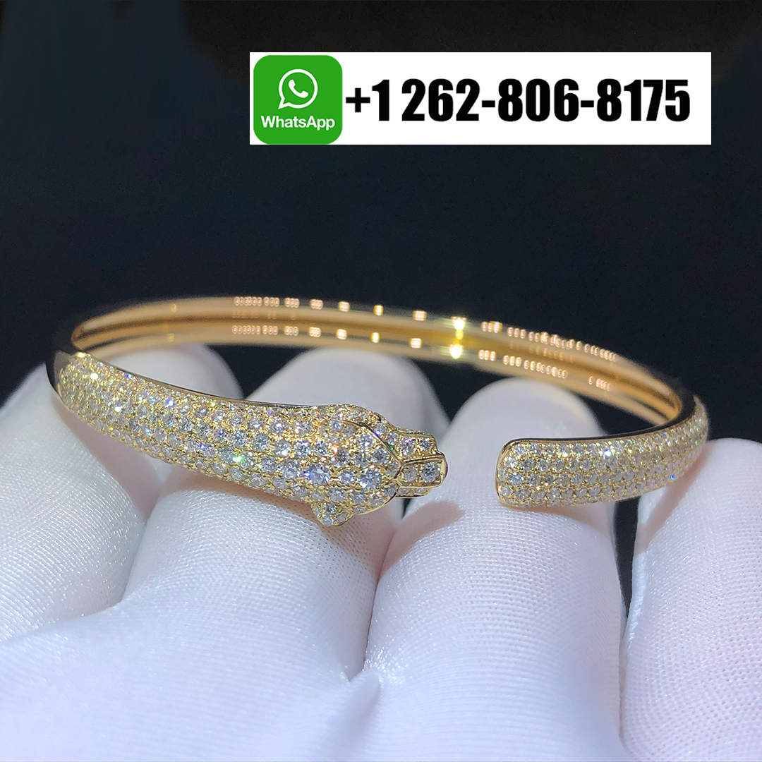 Cartier Pave Diamond Small Panthère de Cartier 18k Yellow Gold Cuff Bracelet N6718117