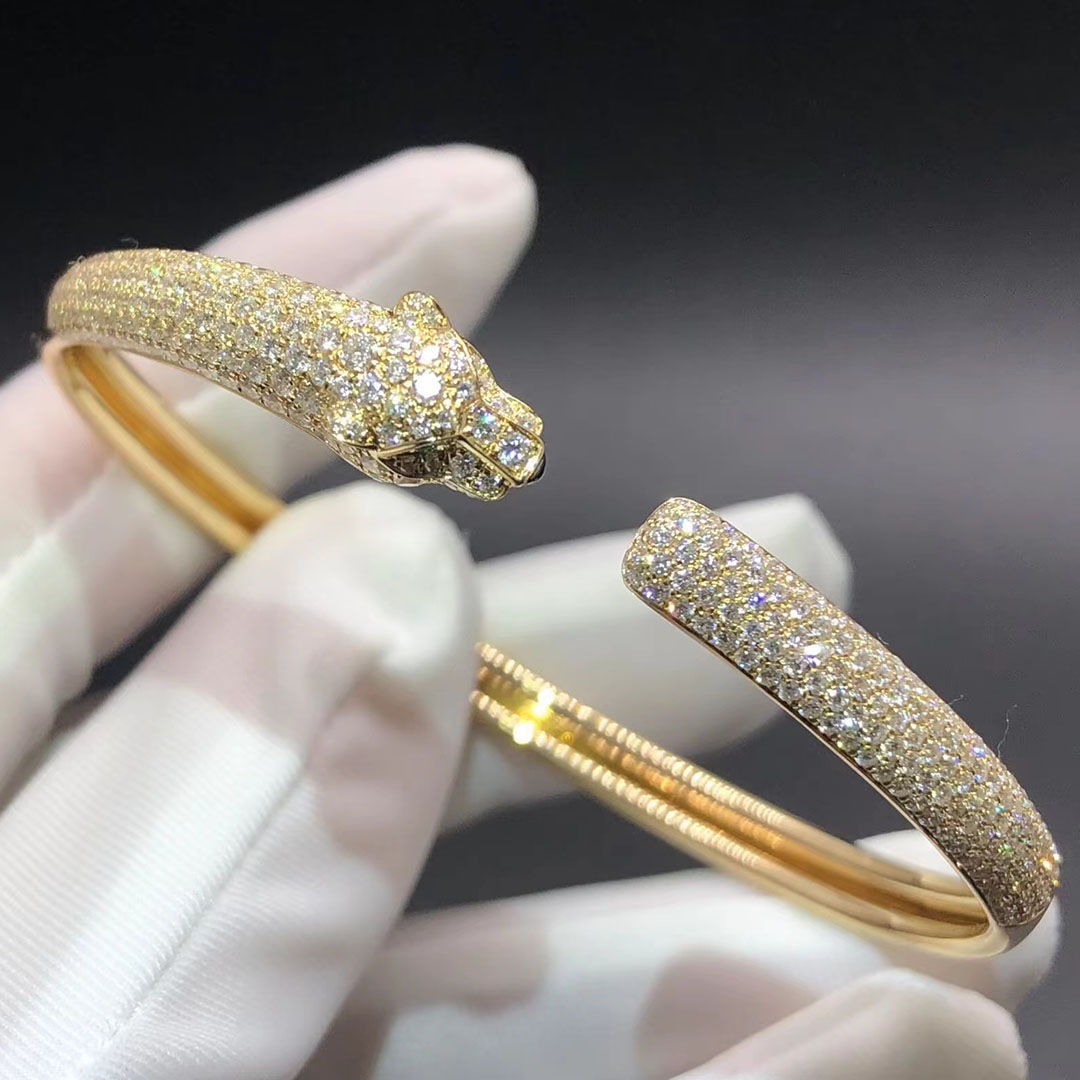 Cartier Pave Diamond Small Panthère de Cartier 18k Yellow Gold Cuff Bracelet N6718117