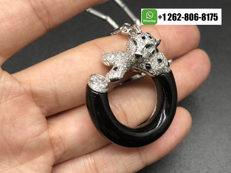 18k White Gold Panthere de Cartier Diamonds-Paved Necklace with Onyx, Emeralds