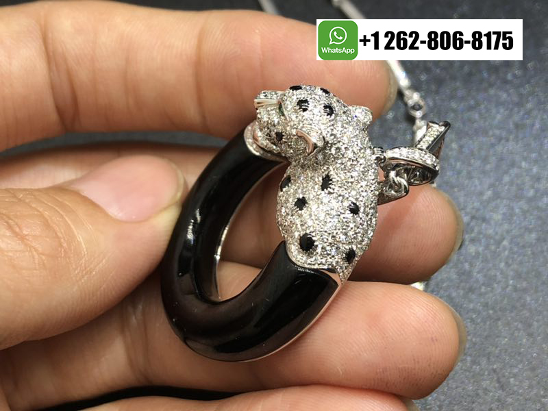 18k White Gold Panthere de Cartier Diamonds-Paved Necklace with Onyx, Emeralds