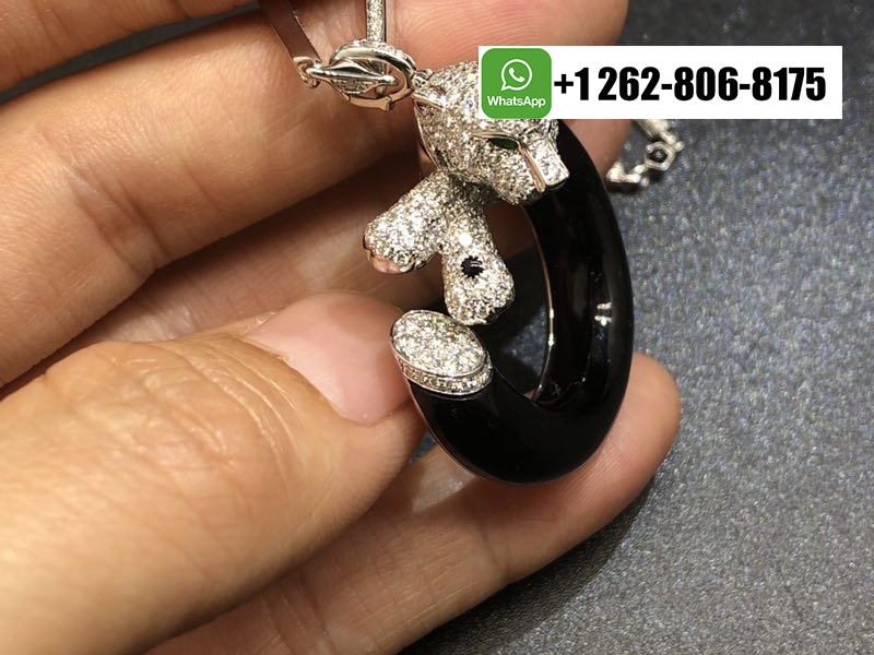 18k White Gold Panthere de Cartier Diamonds-Paved Necklace with Onyx, Emeralds