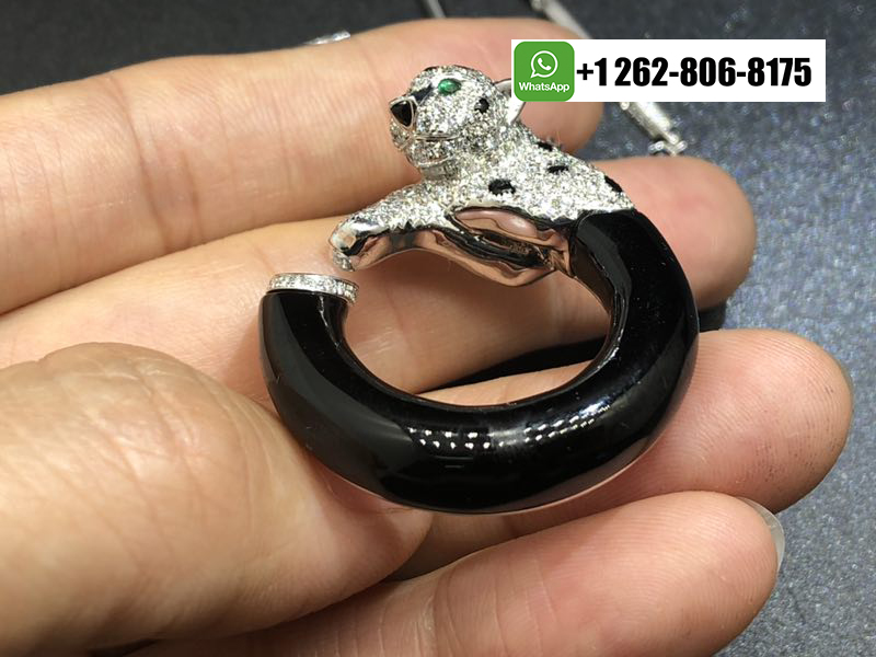 18k White Gold Panthere de Cartier Diamonds-Paved Necklace with Onyx, Emeralds