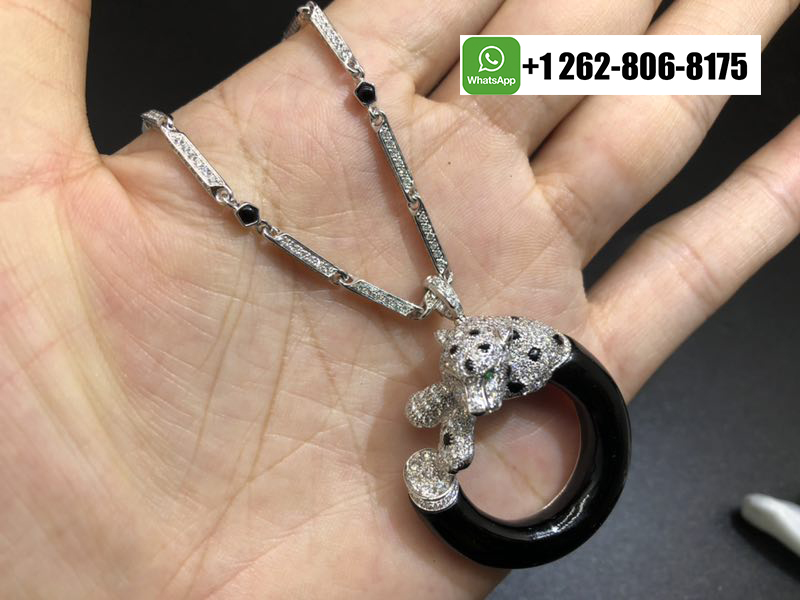 18k White Gold Panthere de Cartier Diamonds-Paved Necklace with Onyx, Emeralds