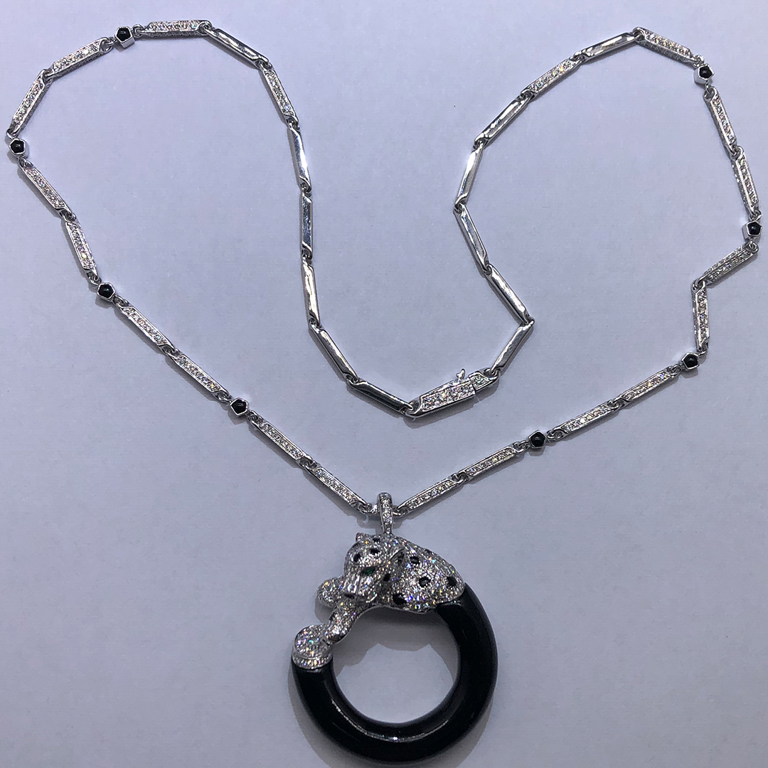 18k White Gold Panthere de Cartier Diamonds-Paved Necklace with Onyx, Emeralds