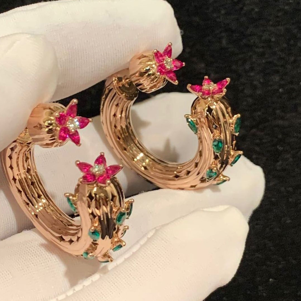 Cactus de Cartier High Jewelry Earrings in 18k Rose Gold with Rubies, Emeralds, Diamond