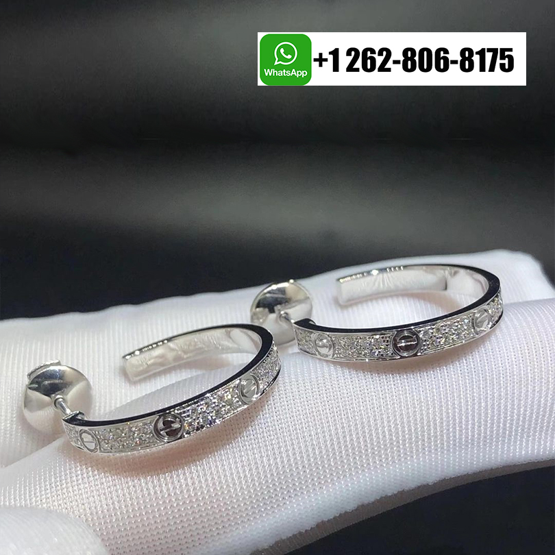 Cartier 18K White Gold Diamond Pave Medium Model LOVE Hoop Earrings