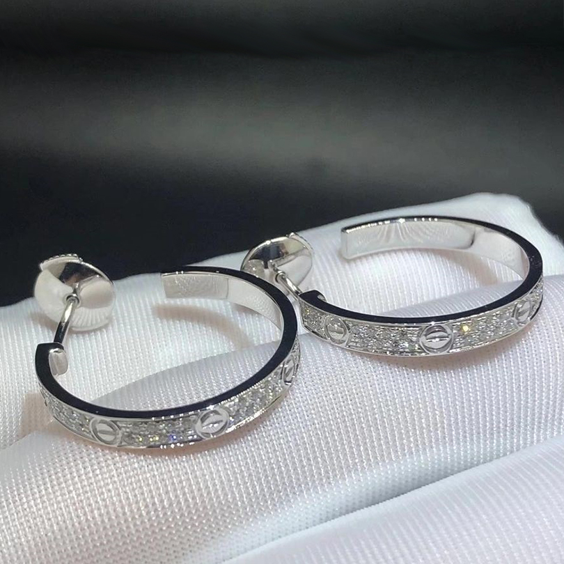 Cartier 18K White Gold Diamond Pave Medium Model LOVE Hoop Earrings