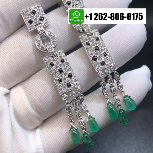 Cartier 18k White Gold Pave Diamond Onyx Panthere de Cartier Drop Emeralds Earrings N8026900