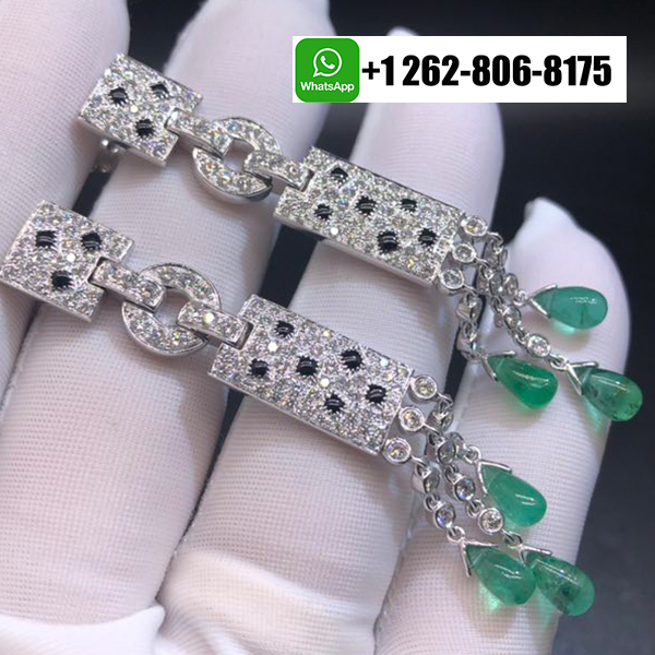 Cartier 18k White Gold Pave Diamond Onyx Panthere de Cartier Drop Emeralds Earrings N8026900