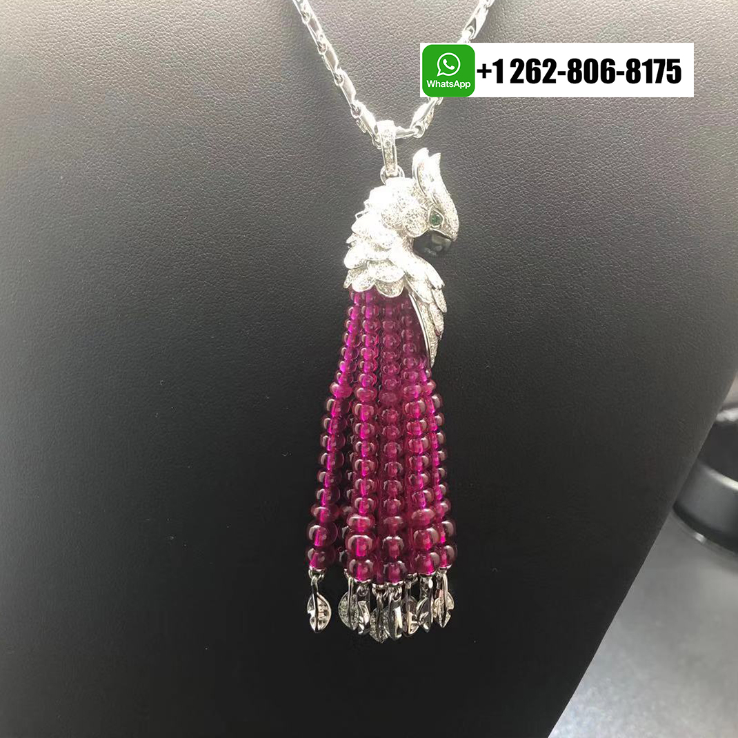 Cartier 18k White Gold Rubies Les Oiseaux Liberes Pendant Tassel Necklace Pave Diamond