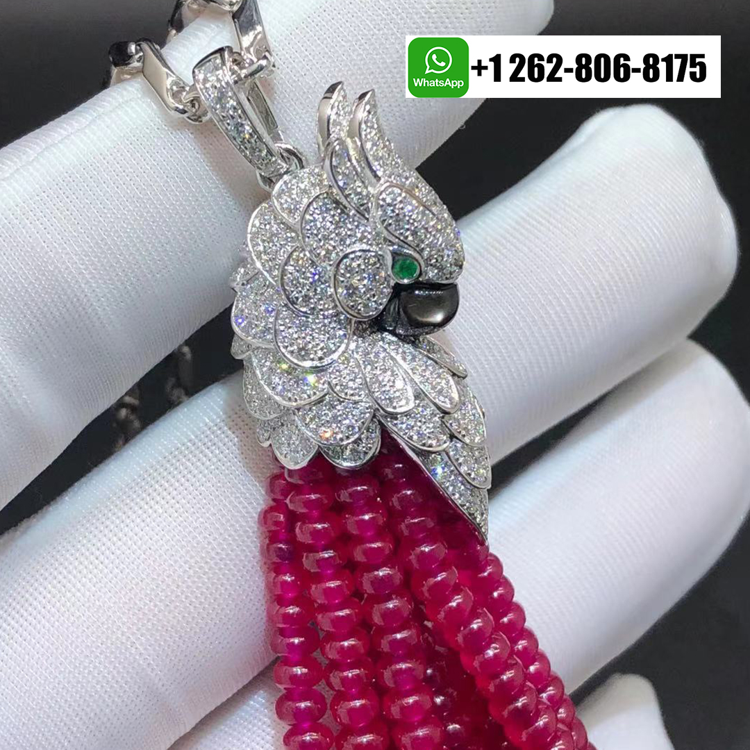 Cartier 18k White Gold Rubies Les Oiseaux Liberes Pendant Tassel Necklace Pave Diamond