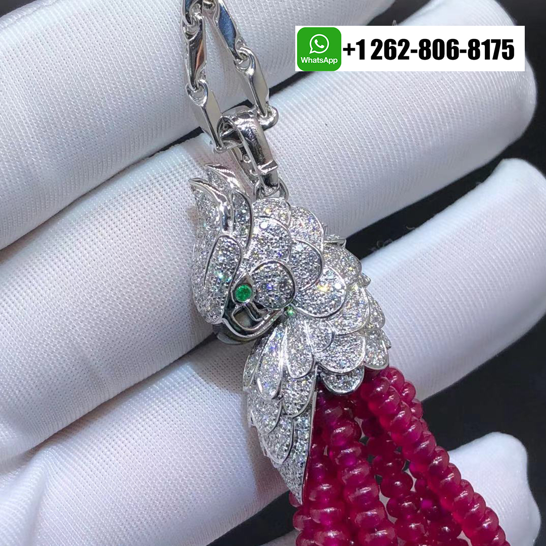 Cartier 18k White Gold Rubies Les Oiseaux Liberes Pendant Tassel Necklace Pave Diamond
