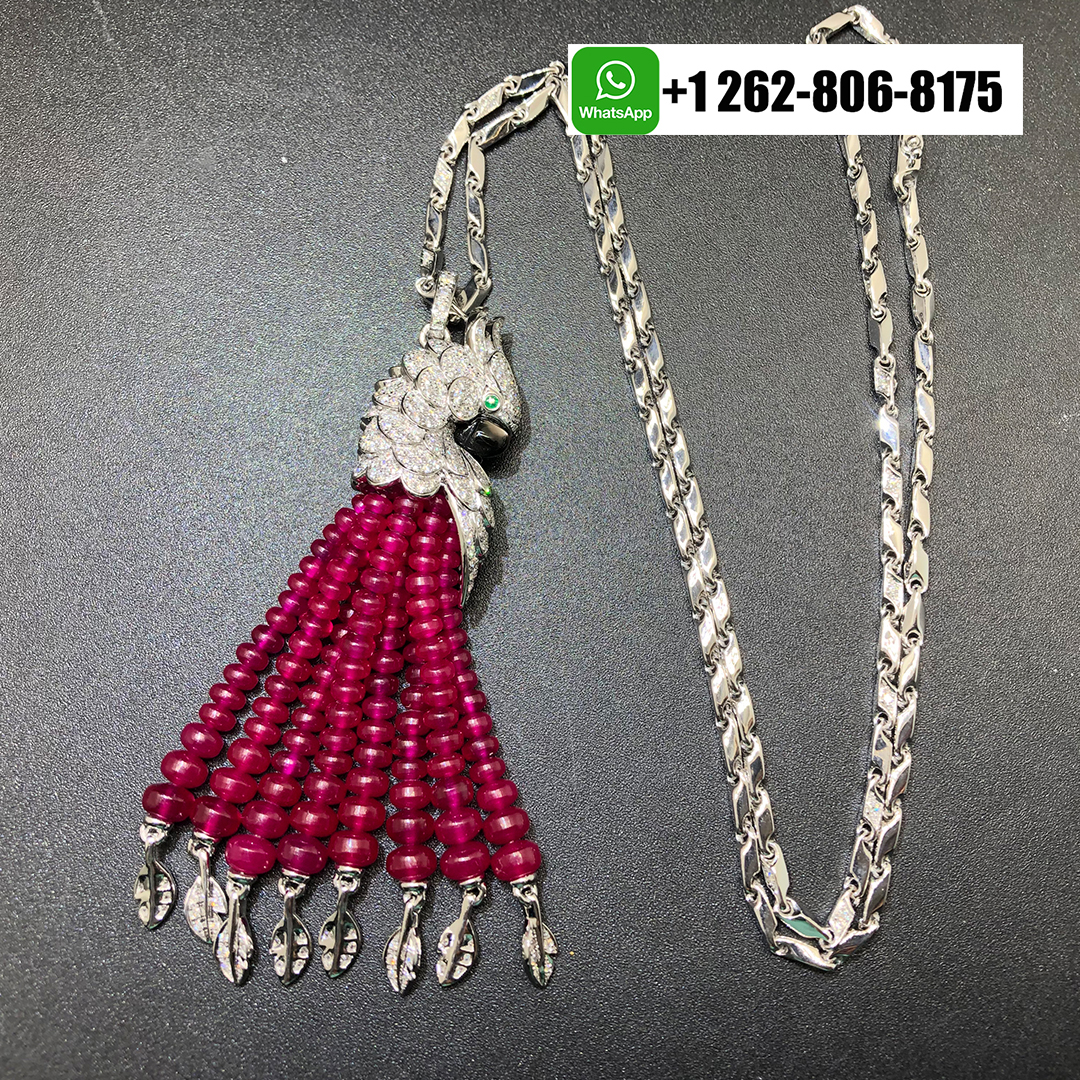 Cartier 18k White Gold Rubies Les Oiseaux Liberes Pendant Tassel Necklace Pave Diamond