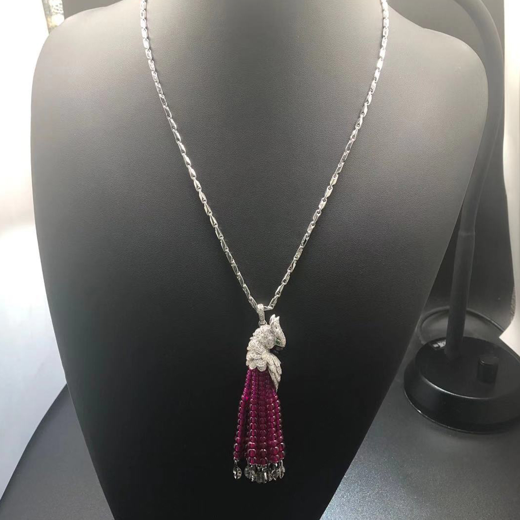 Cartier 18k White Gold Rubies Les Oiseaux Liberes Pendant Tassel Necklace Pave Diamond
