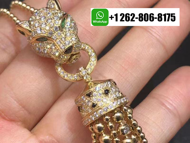 Cartier 18k Yellow Gold Panthere de Cartier Tassels Necklace Pave Diamonds, Onyx, Emeralds