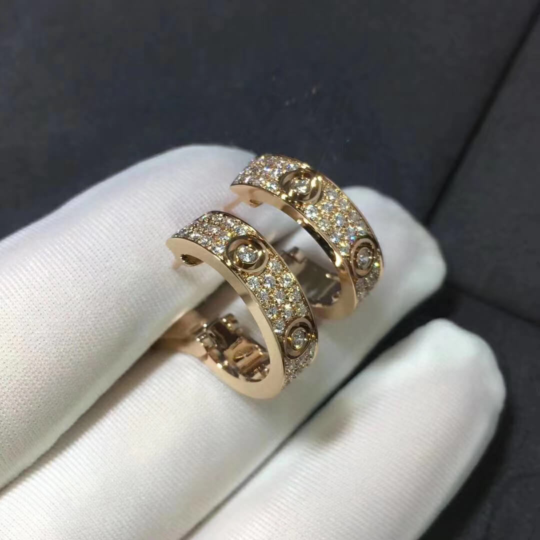 Cartier Full Pave Diamond LOVE Hoop Earrings in 18k Rose Gold