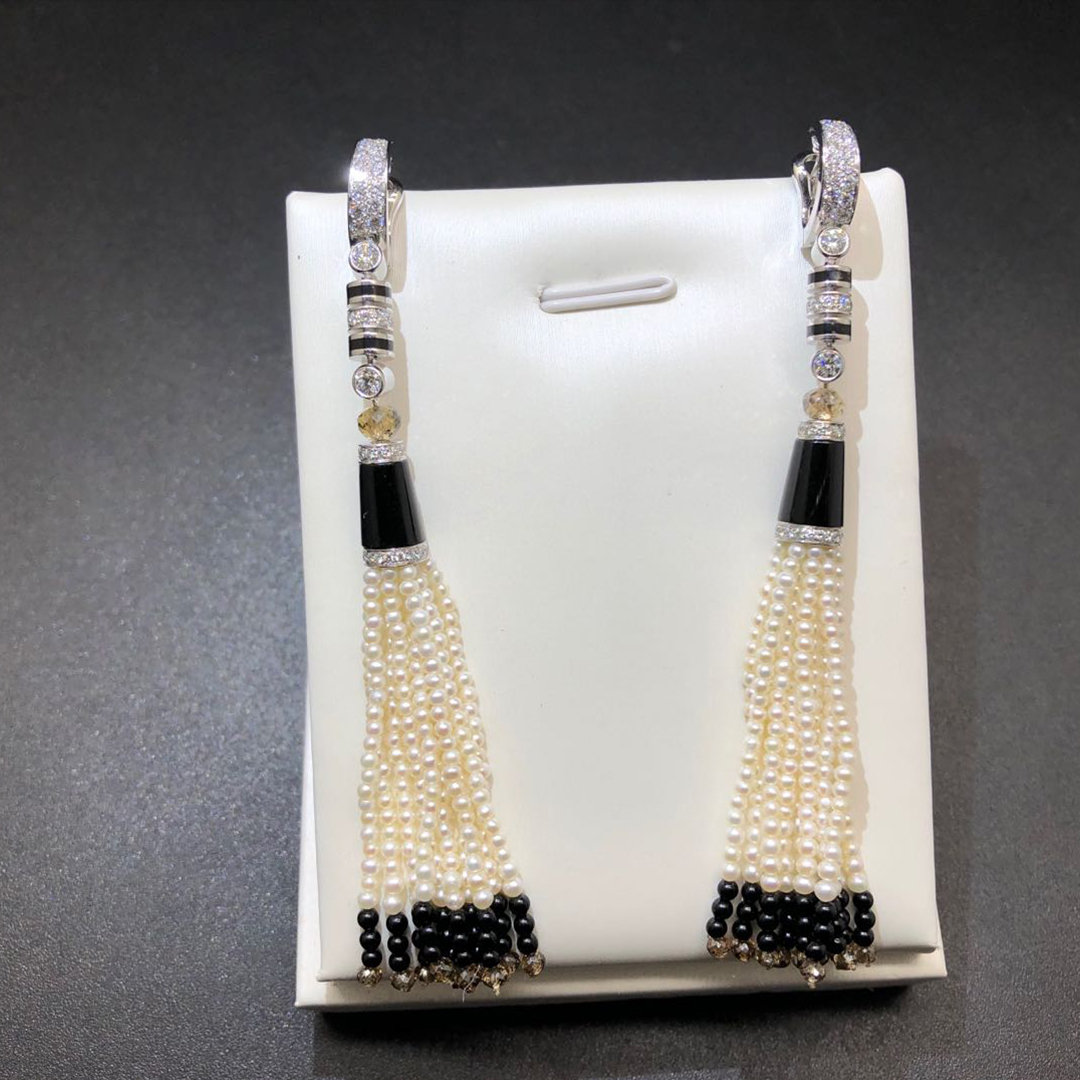 Cartier Geometry and Contrast Pearls, Onyx, Diamonds Platinum High Jewelry Earrings