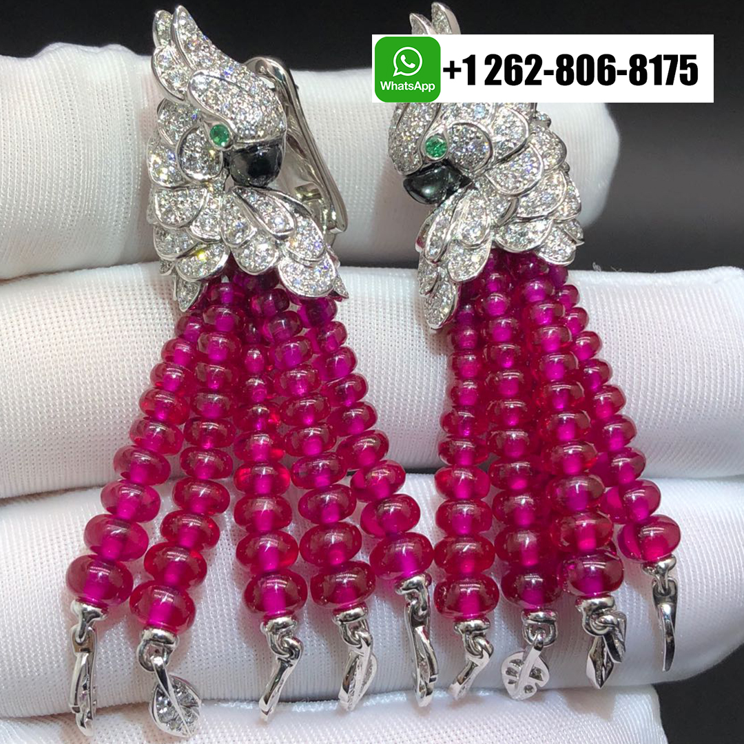 Cartier Les Oiseaux Libérés Tassels High Jewelry Parrot Earrings in 18k White Gold Pave Diamond Ruby Beads
