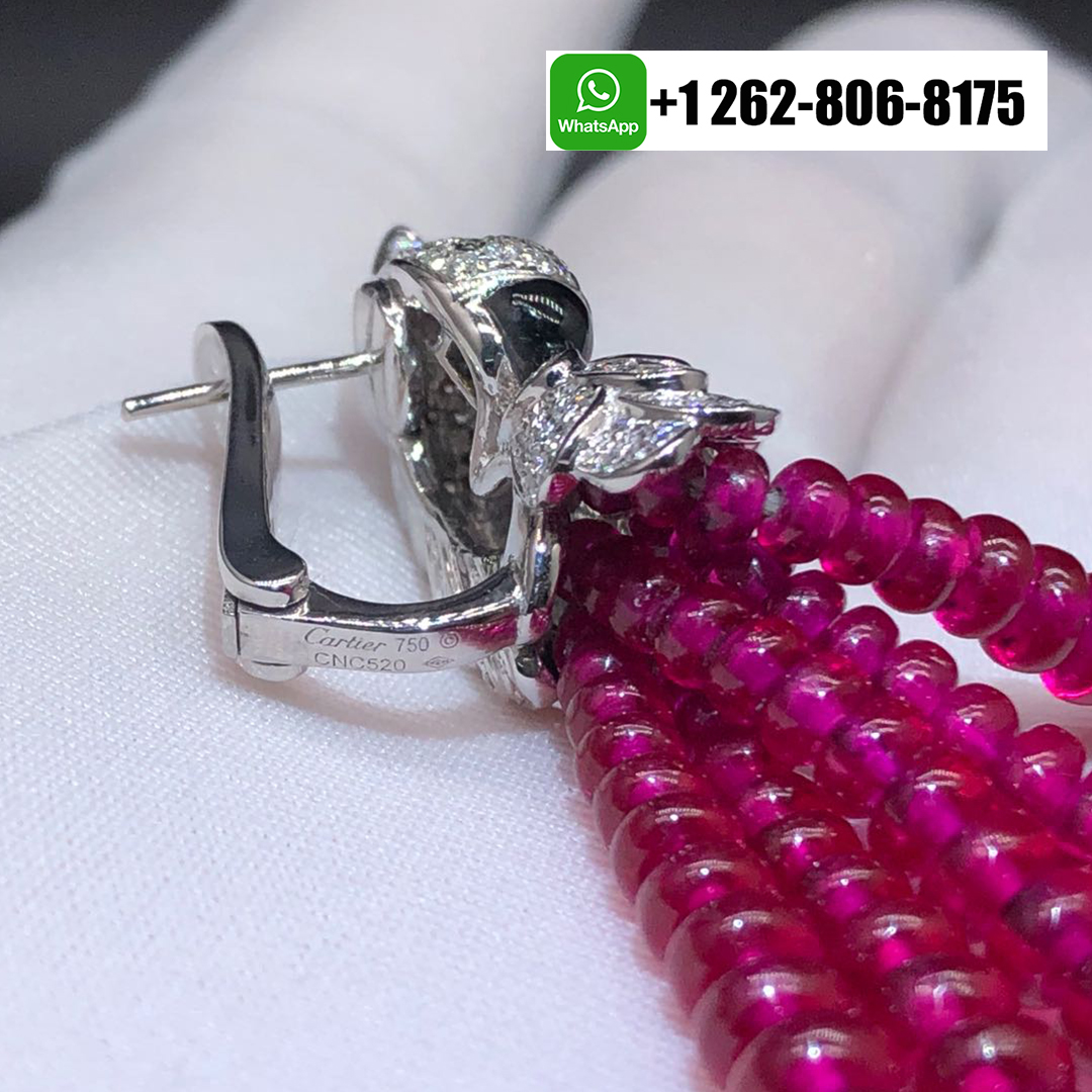 Cartier Les Oiseaux Libérés Tassels High Jewelry Parrot Earrings in 18k White Gold Pave Diamond Ruby Beads