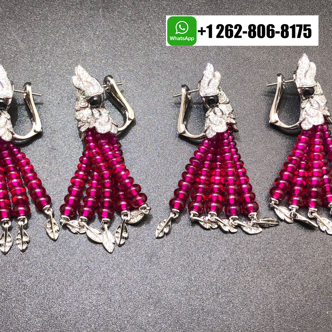 Cartier Les Oiseaux Libérés Tassels High Jewelry Parrot Earrings in 18k White Gold Pave Diamond Ruby Beads